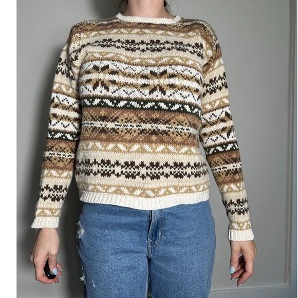 Vintage Eddie Bauer 100% Cotton Cream and Brown Chunky Sweater Sz Small - Picture 1 of 6